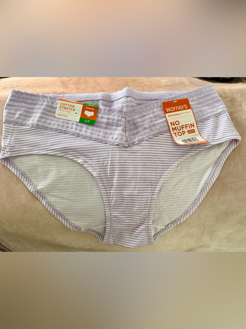 Warner’s Hi-Cut Panties~Purple Striped~Lace Top~Women's Sz L/7~New With Tags